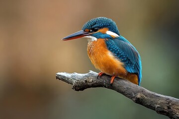 Colorful kingfisher bird with bright blue and orange feathers perched on a dry branch against a smooth blurred background