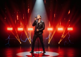 A male singer in a black leather jacket performs on stage with red and orange lighting