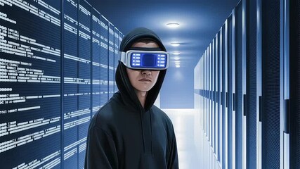 Hacker wearing VR headset in a server room surrounded by data and technology - Powered by Adobe