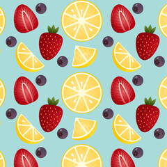 Summer fruit seamless pattern with strawberries, lemons and blueberries on blue background.eps