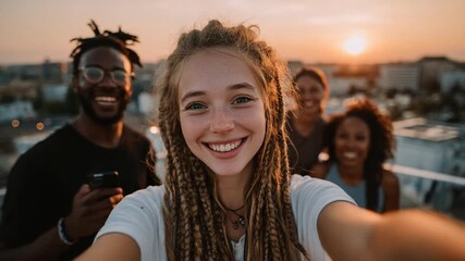 Diverse group of friends takes a selfie on a rooftop during sunset, with cityscape backdrop. Everyone smiles - Powered by Adobe