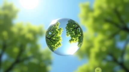 A clear water drop or crystal ball reflecting a green forest and blue sky. Concept for environmental conservation, purity, and a clear vision of nature's future.