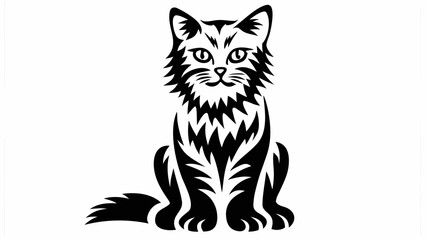 Illustration of a stylized black and white cat with detailed fur sitting upright and looking forward silhouette