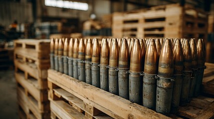 Ammunition Arranged on Wood Pallets in a Factory Setting