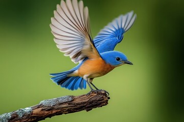 vibrant blue and orange bird with wings spread perched on a textured branch against a soft green background