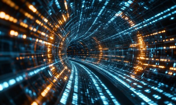 Futuristic digital tunnel with glowing blue and orange light patterns creating a sense of motion and depth
