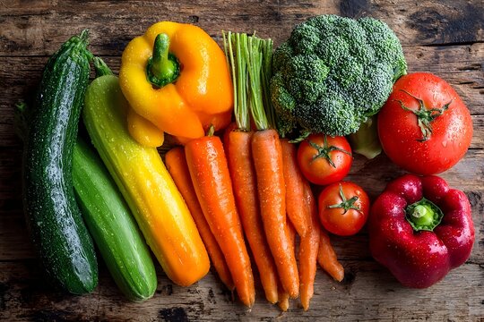 Colorful assortment of fresh vegetables including carrots, tomatoes, zucchini, broccoli, and bell peppers on a rustic wooden surface, promoting healthy plant-based eating for World Vegetarian Day. - Powered by Adobe