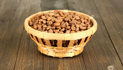 Coffee beans in a shallow woven basket.