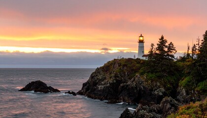 Lighthouse Sunset: Dramatic Coastal Scene, Ocean View, Rocky Coastline, Pacific Northwest, Beacon of Hope