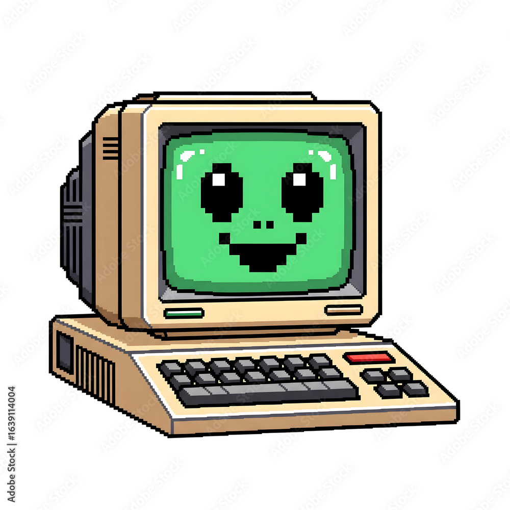 Poster retro computer with green smiley face pixelated on transparent background