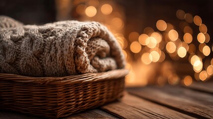 Obraz premium Rolled Knitted Blanket in Wicker Basket with Bokeh Lights