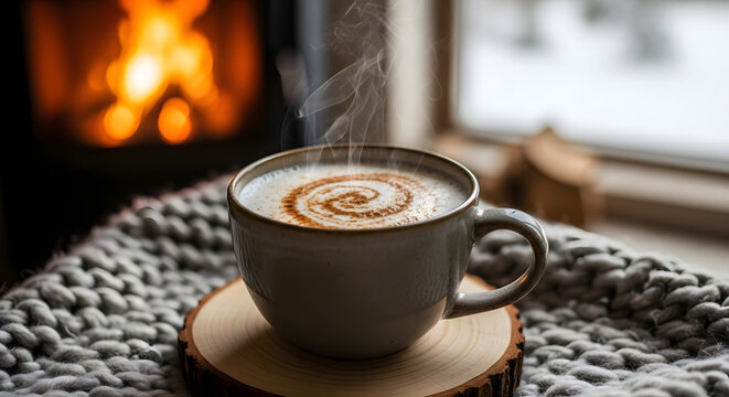 steaming hot coffee by cozy fireplace and snowy window - Powered by Adobe