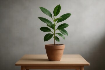 Obraz premium A lush green plant thrives in its terracotta pot on a simple wooden table against a minimalist gray backdrop, symbolizing growth and tranquility