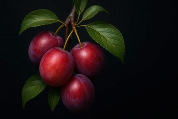 A cluster of plump red plums hangs from a branch, their vibrant color contrasting with the dark backdrop