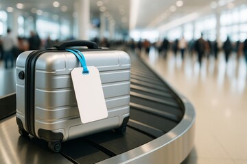 Fototapeta premium Silver suitcase with blank tag on baggage claim carousel in airport with bright background, ideal for travel branding or product mockup concept. Ai generative