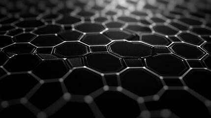 Close-up view of interconnected shiny black hexagonal tiles creating a futuristic geometric pattern with subtle reflections