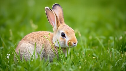 A light brown rabbit sitting in a field of green grass with its ears perked up looking forward