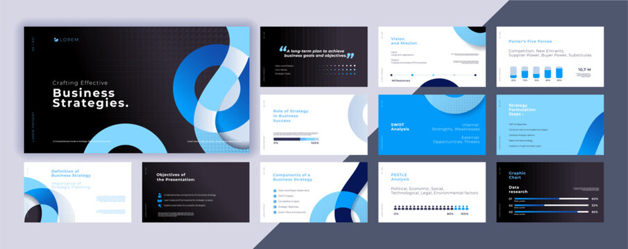 Abstract powerpoint presentation templates set, blue color identity presentation background, banner template, brochure, landing page, company profile, business design package set, vector illustration.