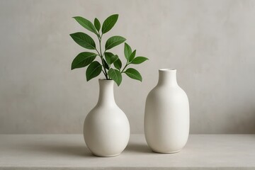 A Pair of White Vases with Lush Green Leaves