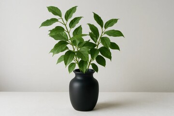A serene indoor setting featuring a lush green plant in a sleek black vase against a pristine white background