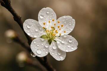 A solitary white flower with dew-kissed petals stands out against a blurred backdrop of nature's soft hues, evoking a sense of tranquility and the simple beauty found in everyday moments
