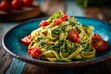Plate of fettuccine pasta in a creamy green spinach sauce, topped with fresh cherry tomatoes and herbs, representing a delicious vegetarian meal for World Vegetarian Day.