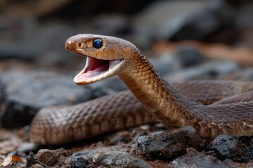 Fototapeta premium Eastern Brown Snake displays defensive posture in natural habitat during daylight in Australia