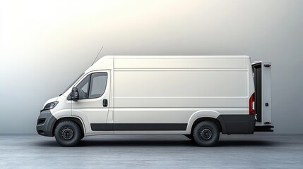 Fototapeta premium White delivery cargo van parked on a smooth surface against a plain light-colored background with rear door open for loading and unloading