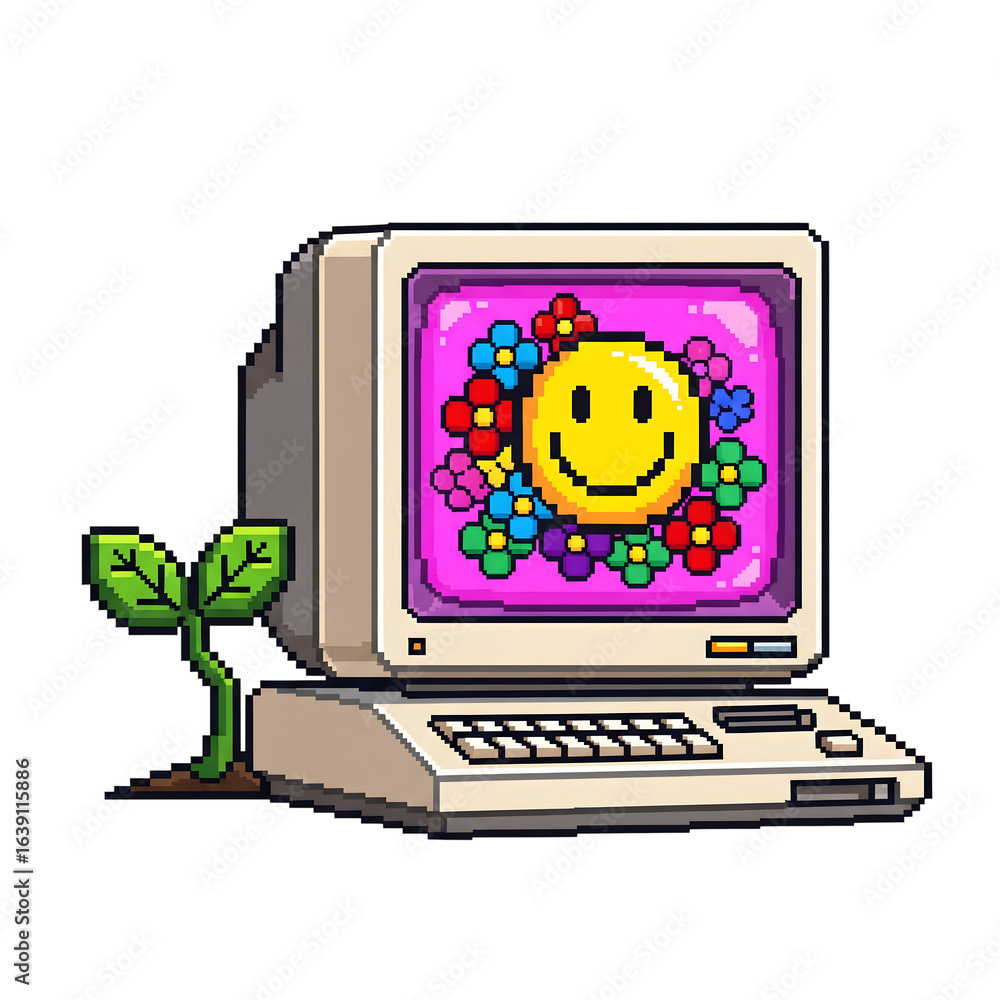 Poster retro computer with smiley face and flowers pixel art design