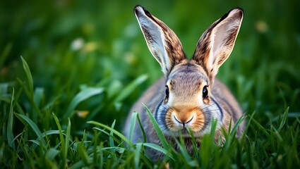Close up portrait of a brown hare with long ears sitting in green grass looking directly at the camera