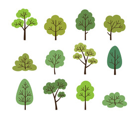 Set of trees vector illustration featuring distinct branch shapes in a modern, minimalist style with subtle green variations.