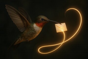 A lone hummingbird, bathed in a soft glow of light, holds an envelope aloft, as if ready to deliver a message across the dark expanse