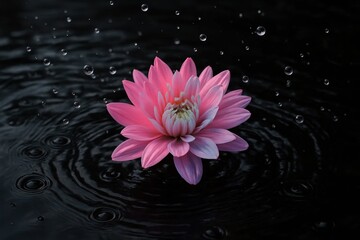 A Pink Lotus Blooms on a Black Rippled Surface with Water Droplets