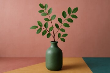 A serene indoor setting with a vibrant green vase holding fresh leaves against a soft pink backdrop