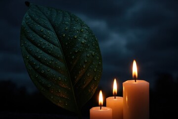 A solitary leaf glistens with dew against a backdrop of darkness, accompanied by three burning candles that cast a warm, inviting light