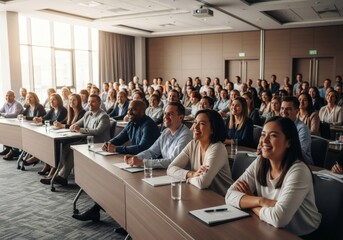 Business professionals seated in a conference room looking forward