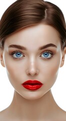 Naklejka premium Captivating Closeup of a Woman with Piercing Blue Eyes and Vivid Red Lips on White Background