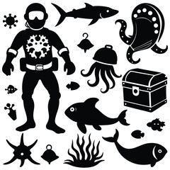 Naklejka premium Ocean Diver & Sea Creatures: Pixel Art Graphics