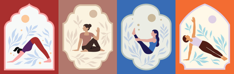 Flat vector set of four yoga poses with Indian arch frame and leafy motif, combining cultural design with wellness for fitness and meditation projects.
