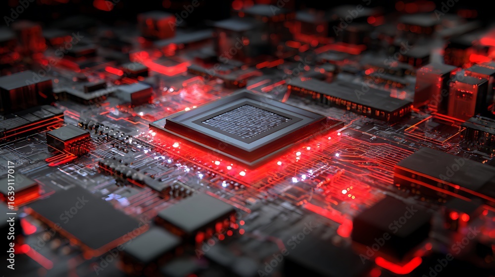 Poster electronic circuit board with central processor and red lighting
