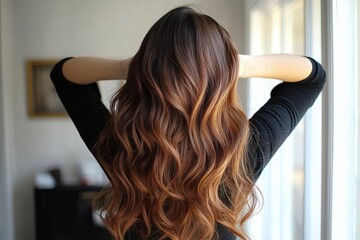 Naklejka premium Person with long wavy brown hair with light highlights standing indoors near a bright window with hands resting on head seen from the back