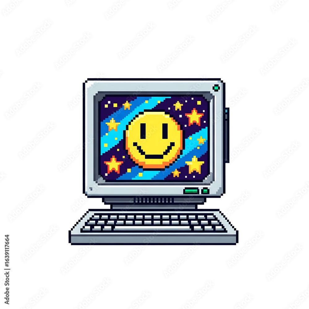 Poster retro pixel computer showing smiling face in starry blue sky