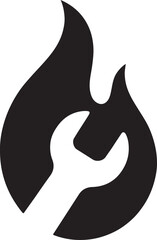 Silhouette of flame with wrench symbolizing heat repair, hot service, fire maintenance, and thermal fixing.