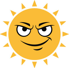 
A playful cartoon illustration of a sun with a mischievous smirk, featuring a wide grin and narrowed eyes, against a clean white background.