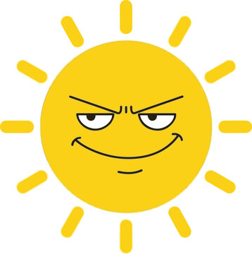 
A simple cartoon illustration of a sun with a mischievous or devious expression, featuring a wide grin and narrowed eyes, against a clean white background.