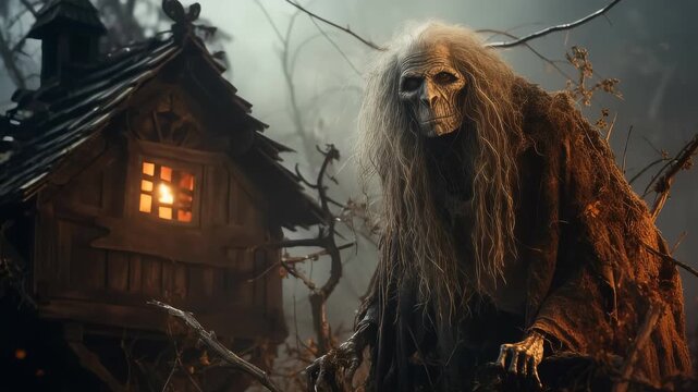 Baba Yaga legend: forest witch, powerful magic, ancient wisdom, magical hut, folklore icon, mystical creatures, Slavic myth, dark power, terrifying presence, mysterious protector