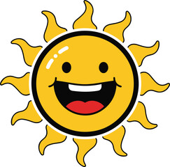 A cartoon illustration of a happy sun with a big, toothy grin and a wide-open mouth, against a clean white background.