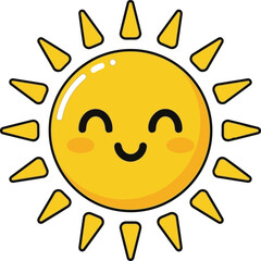 A stylized cartoon illustration of a happy sun with closed, smiling eyes and a wide, friendly smile, against a clean white background.