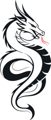 A stylized black and white illustration of a serpentine dragon with red eyes and a red tongue flicking out, against a clean white background. This is suitable for themes of mythology, fantasy, 