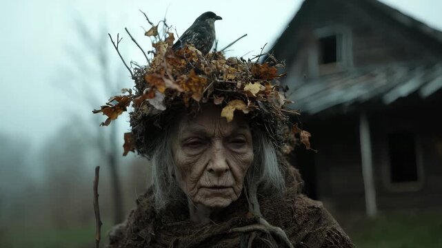 Baba Yaga legend: forest witch, powerful magic, ancient wisdom, magical hut, folklore icon, mystical creatures, Slavic myth, dark power, terrifying presence, mysterious protector